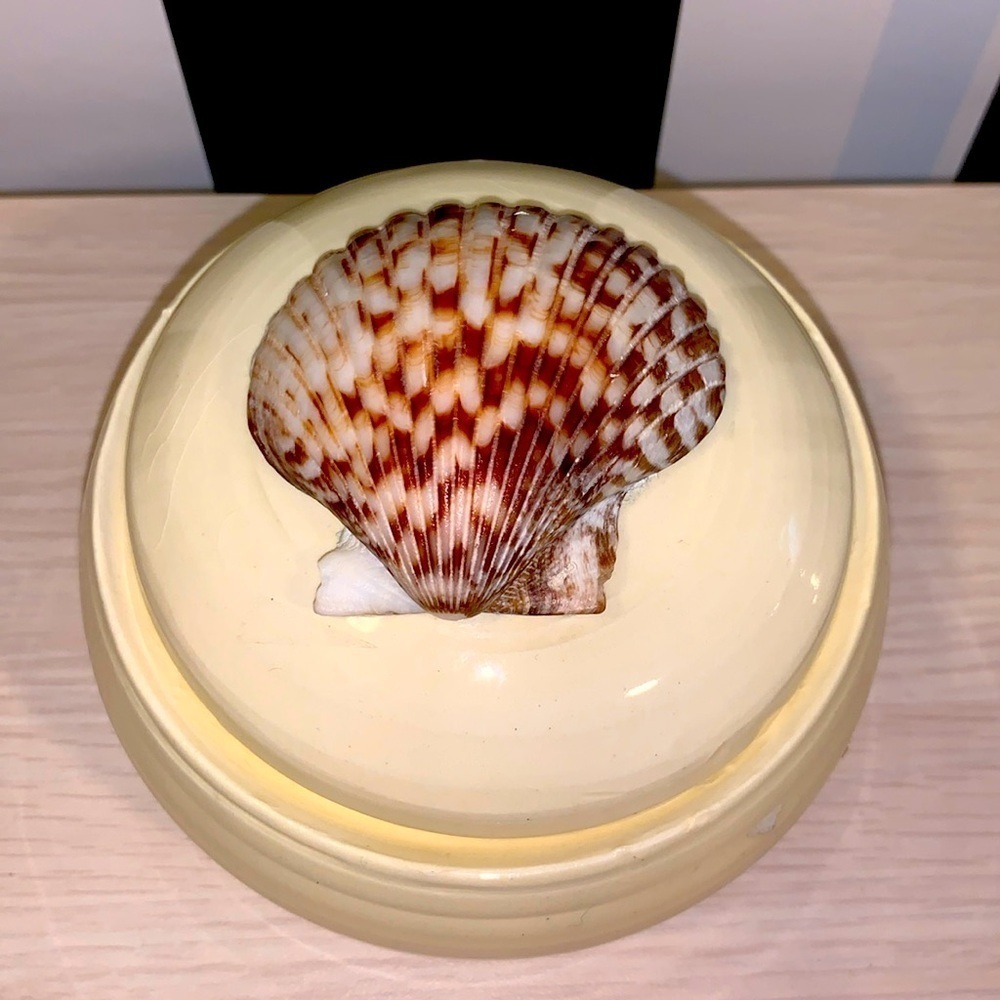 Vintage 1970s Ceramic & Shell Trinket or Jewelry Box With Lid Coastal Nautical